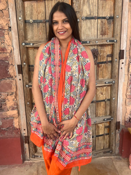 Sarong   , Pareo  , cotton shawl and beach wrap block print deluxe collection, orange calendula 🌹 -  AUROBELLE  IBIZA