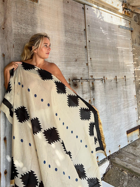 Hand Block Printed Extra Large Sarong | Organic Cotton Muslin | Natural Bagru Print with Golden Sari Border no 7 point and star