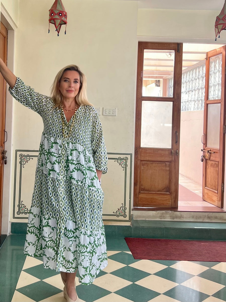Nisha green boho blockprint cotton/combination dress green white AUROBELLE IBIZA Nisha green boho blockprint cotton/combination dress green white AUROBELLE IBIZA