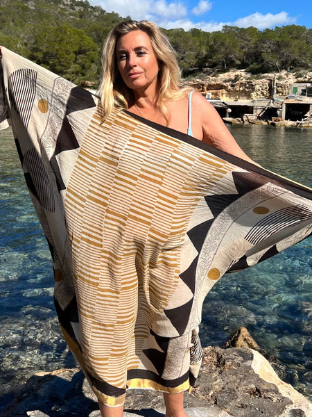 Big size Sarong ,Hand Block Printed Extra Large Sarong | Organic Cotton Muslin | Natural Bagru Print with Golden Sari -yellow -  AUROBELLE  IBIZA
