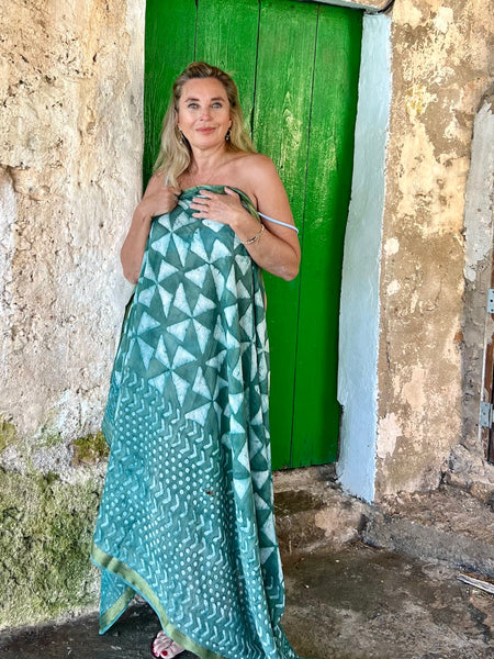 Big size Sarong ,Hand Block Printed Extra Large Sarong | Organic Cotton Muslin | Natural Bagru Print with Golden-Black Emerald green geo