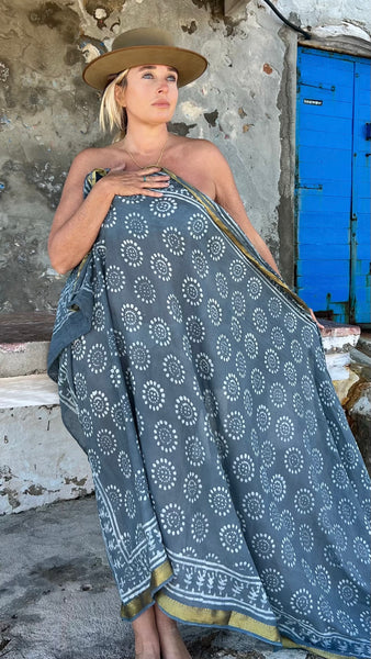Big size Sarong ,Hand Block Printed Extra Large Sarong | Organic Cotton Muslin | Natural Bagru Print with Golden Grey cool   🌺 -  AUROBELLE  IBIZA