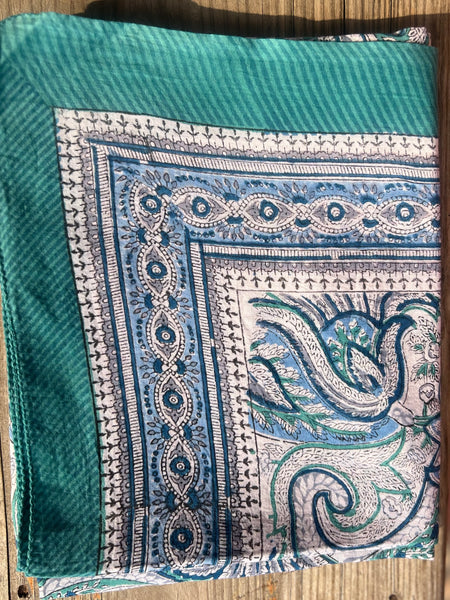 Sarong   , Pareo  , cotton shawl and beach Deluxe Block print collection,green and blue love -  AUROBELLE  IBIZA