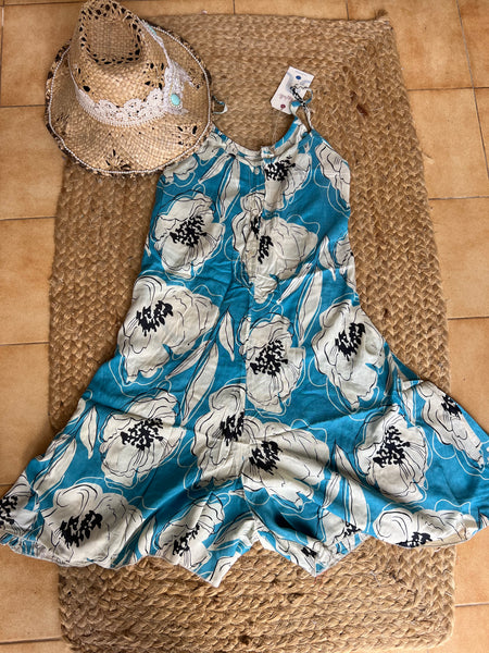 Ibiza Tropical Loose Jumpsuit – Turquoise flower Print