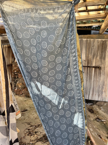Big size Sarong ,Hand Block Printed Extra Large Sarong | Organic Cotton Muslin | Natural Bagru Print with Golden Grey cool   🌺 -  AUROBELLE  IBIZA