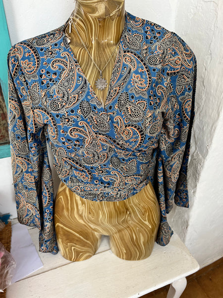 Bohemian  Wrap Top Print – Spiritual Festival Crop Blouse hippie wrap blouse Silky -  AUROBELLE  IBIZA