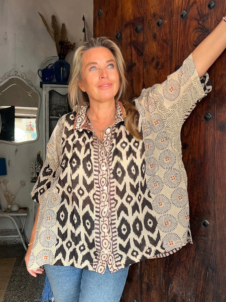 Free size boho stripe ethnic blouse  black triangle