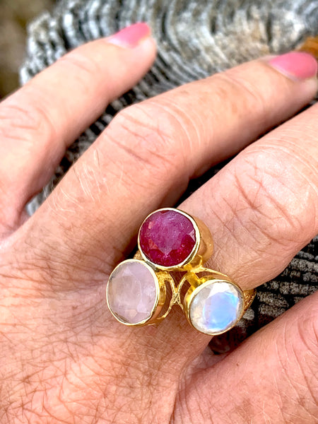 Ruby-Moon -Rose -3 stone  Ibiza designer boho ring