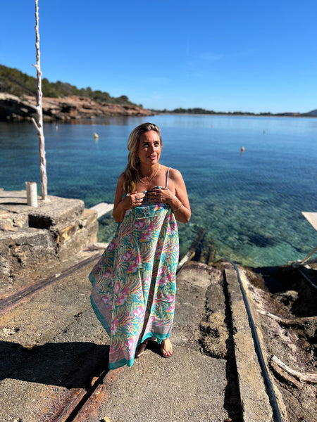 Sarong   , Pareo  , cotton shawl and beach Deluxe Block print collection, formentera turquoises🪷 -  AUROBELLE  IBIZA