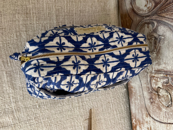 Aurobelle Hand Blockprint Cosmetic Bag – Large Travel Beauty Organizer4 pockets , blue geo -  AUROBELLE  IBIZA