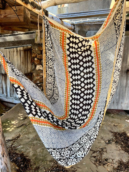 Big size Sarong ,Hand Block Printed Extra Large Sarong | Organic Cotton Muslin | Natural Bagru Print with Golden Sari yellows geometric -  AUROBELLE  IBIZA