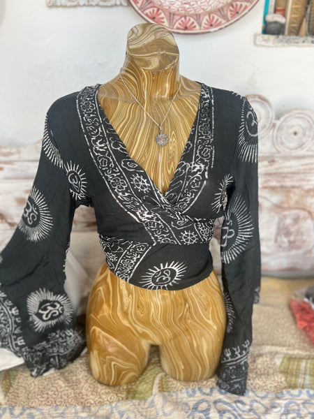 Bohemian  Wrap Top with Om Print – Spiritual Festival Crop Blouse hippie wrap blouse