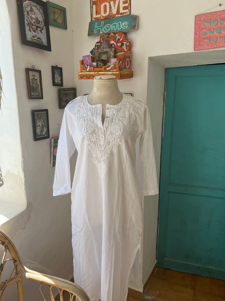 Classic white cotton kurta tunic with hand embroidery