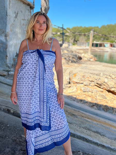 Sarong   , Pareo  , cotton shawl and beach Deluxe Block print collection,blue white paisley 🪷 -  AUROBELLE  IBIZA