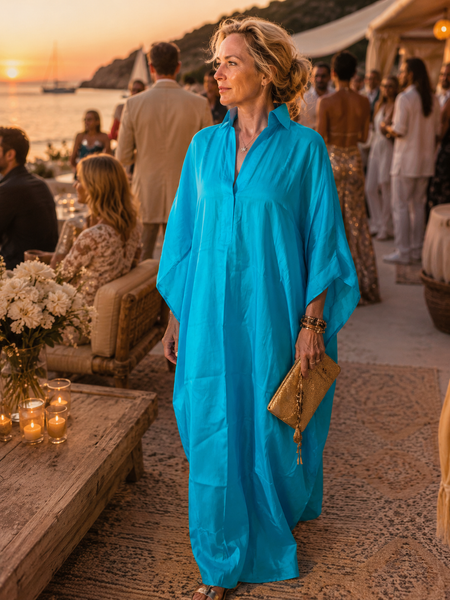 Exclusive luxury Silk kaftan turquoise Italian -  AUROBELLE  IBIZA