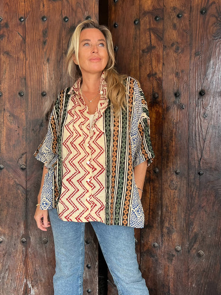 Free size boho stripe ethnic blouse red  zick zack