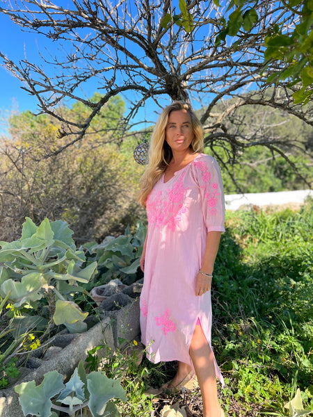 Salu dress with hand embroidery pinky -  AUROBELLE  IBIZA