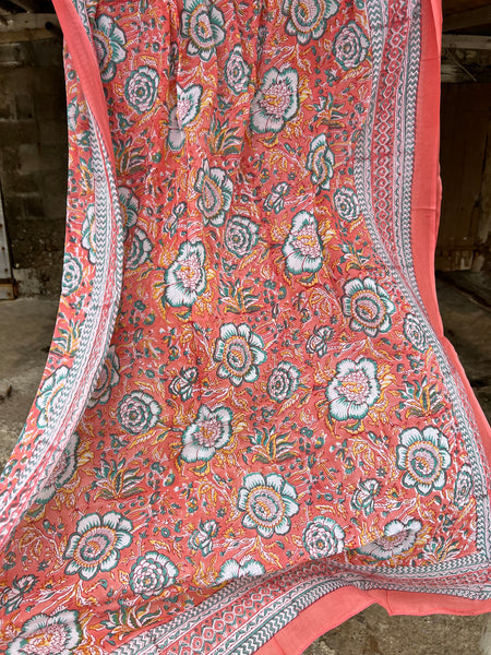 Sarong   , Pareo  , cotton shawl and beach Deluxe Block print collection, abricot flower -  AUROBELLE  IBIZA