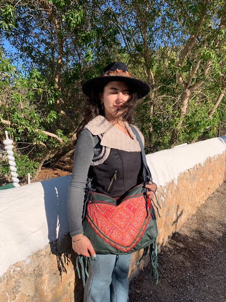 Chiang mai Bag with antique tribal embroidery and leather patchwork