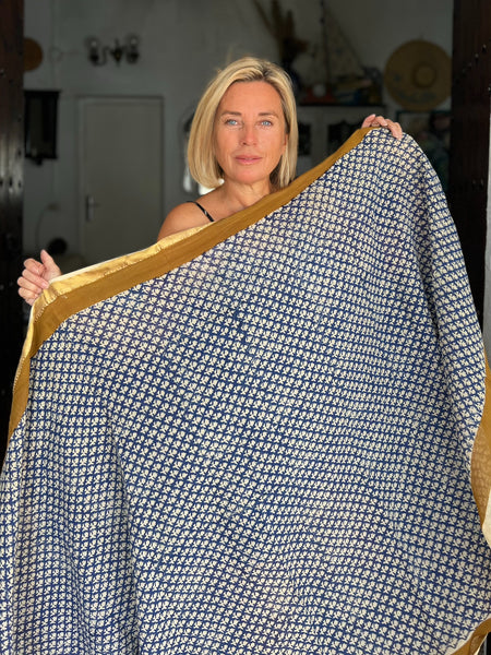 Hand Block Printed Extra Large Sarong | Organic Cotton Muslin | Natural Bagru Print with Golden Sari Border no 4 Jeans