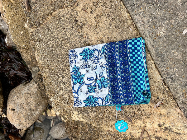 Sarong   , Pareo  , cotton shawl and beach Deluxe Block print collection, blue white Caro’s -  AUROBELLE  IBIZA