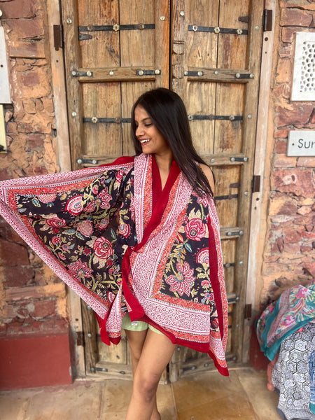 Sarong   , Pareo  , cotton shawl and beach Deluxe Block print collection,Black  flower heaven 🌸 -  AUROBELLE  IBIZA