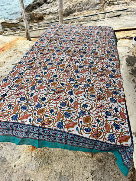 Sarong   , Pareo  , cotton shawl and beach Deluxe Block print collection, blue turquoises flower  🪷 -  AUROBELLE  IBIZA