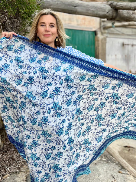 Sarong   , Pareo  , cotton shawl and beach Deluxe Block print collection, blue white Caro’s -  AUROBELLE  IBIZA