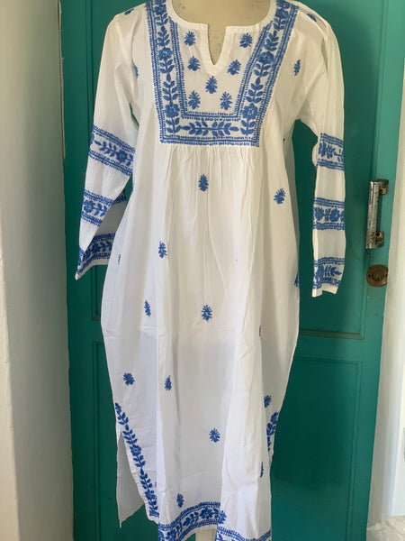 Mumbai  dress white with hand embroidery in sky blue