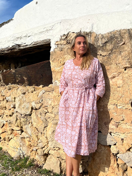 Linen dress soft flower beige pink