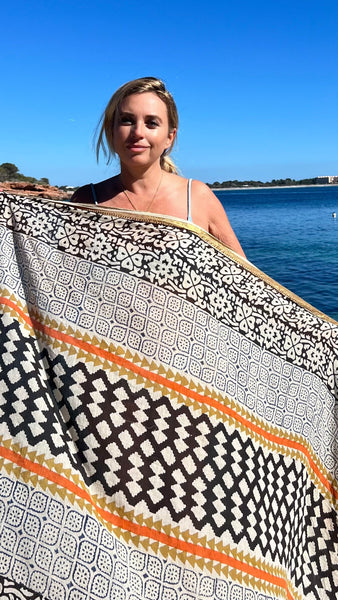 Big size Sarong ,Hand Block Printed Extra Large Sarong | Organic Cotton Muslin | Natural Bagru Print with Golden Sari yellows geometric -  AUROBELLE  IBIZA