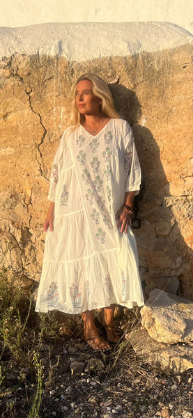 Reina - Boho beautiful white ethnic block print dress