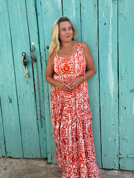 Orange Flower Strap Maxi Dress – Hand Block Print
