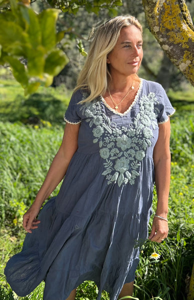 Pai dress grey hand embroidery -  AUROBELLE  IBIZA