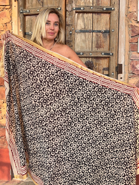 Hand Block Printed Extra Large Sarong | Organic Cotton Muslin | Natural Bagru Print with Golden Sari Black flower -  AUROBELLE  IBIZA