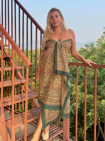 Sarong   , Pareo  , cotton shawl and beach Deluxe Block print collection,olive green jungle  🪷 -  AUROBELLE  IBIZA