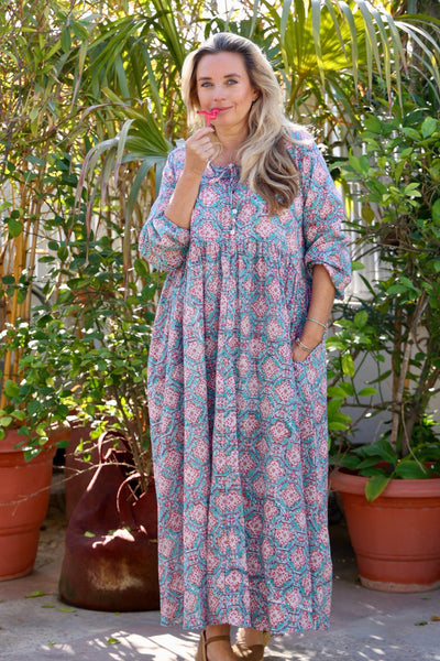 Osho boho dress  in turquoise pink  block print