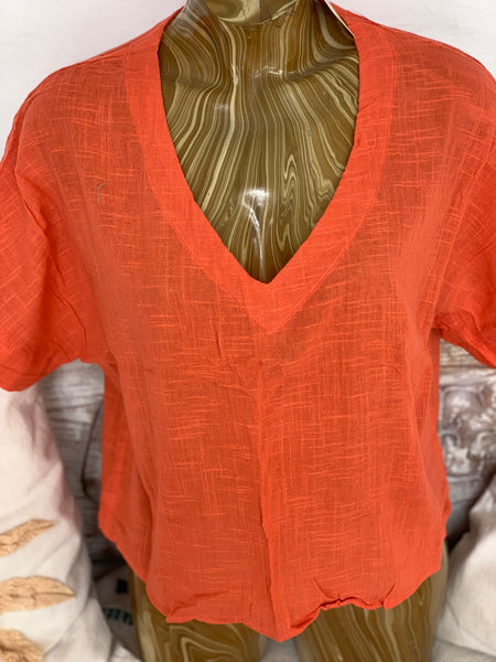 Linen V neck shirt blouse red