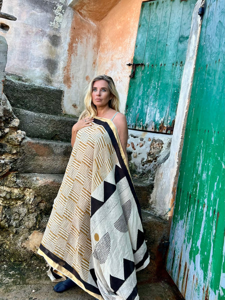 Big size Sarong ,Hand Block Printed Extra Large Sarong | Organic Cotton Muslin | Natural Bagru Print with Golden Sari -yellow -  AUROBELLE  IBIZA