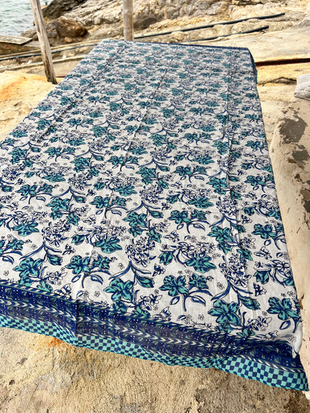 Sarong   , Pareo  , cotton shawl and beach Deluxe Block print collection, blue white Caro’s -  AUROBELLE  IBIZA