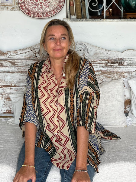 Free size boho stripe ethnic blouse red  zick zack