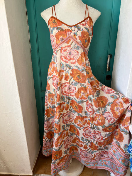 Strap  dress  Halter neck in print orange flower -  AUROBELLE  IBIZA