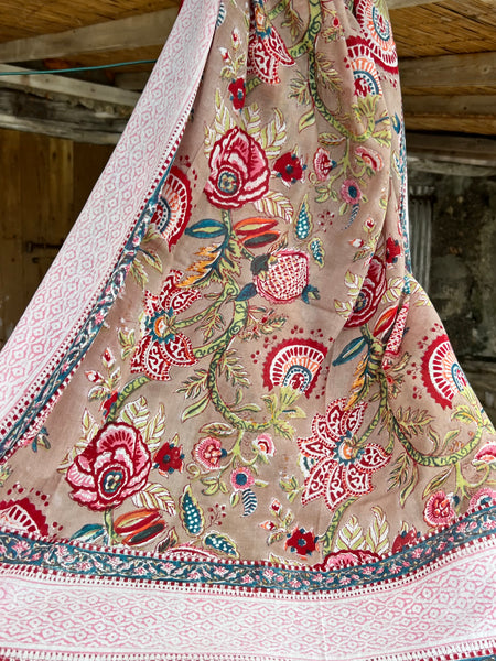 Sarong   , Pareo  , cotton shawl and beach Deluxe Block print collection, beige red flower print -  AUROBELLE  IBIZA