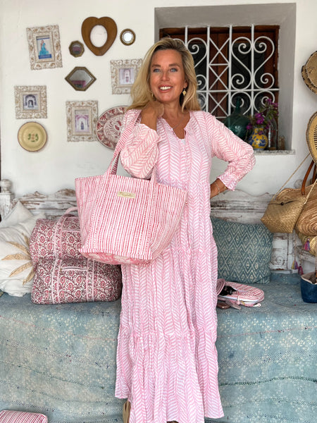 Brigitte Tote bag Large Quilted Cotton Tote Bag | Pink Block Print Shoulder Bag | Boho Beach Bag | Handmade Travel Bag