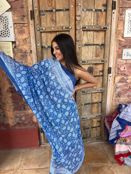 Sarong   , Pareo  , cotton shawl and beach Deluxe Block print collection,Ibiza Sky blue 💙 -  AUROBELLE  IBIZA