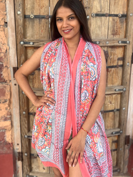 Sarong   , Pareo  , cotton shawl and beach Deluxe Block print collection, apricot calendula 🌹 -  AUROBELLE  IBIZA