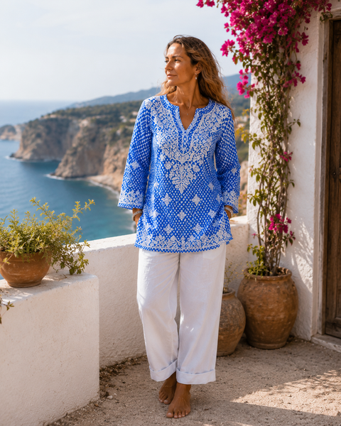 V neck kurta ocean blue  diamond -  AUROBELLE  IBIZA