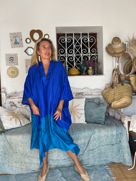 Exclusive luxury Silk kaftan - blues of Ibiza medium Lenght