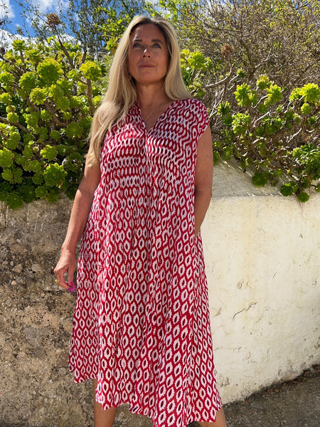 Plead sl Cotton mid Lenght  dress , red