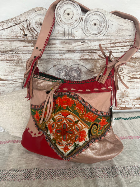 Chiang mai Bag with antique tribal embroidery and leather patchwork